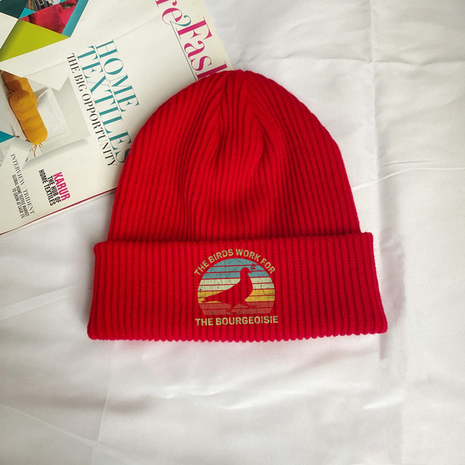 Funny Conspiracy Theory Beanie - 'Birds Work for The Bourgeoisie' Red Knit Skull Cap for Men, Women & Kids | Unisex Cuffed Winter Hat for Outdoor Activities, Streetwear & Gift Giving