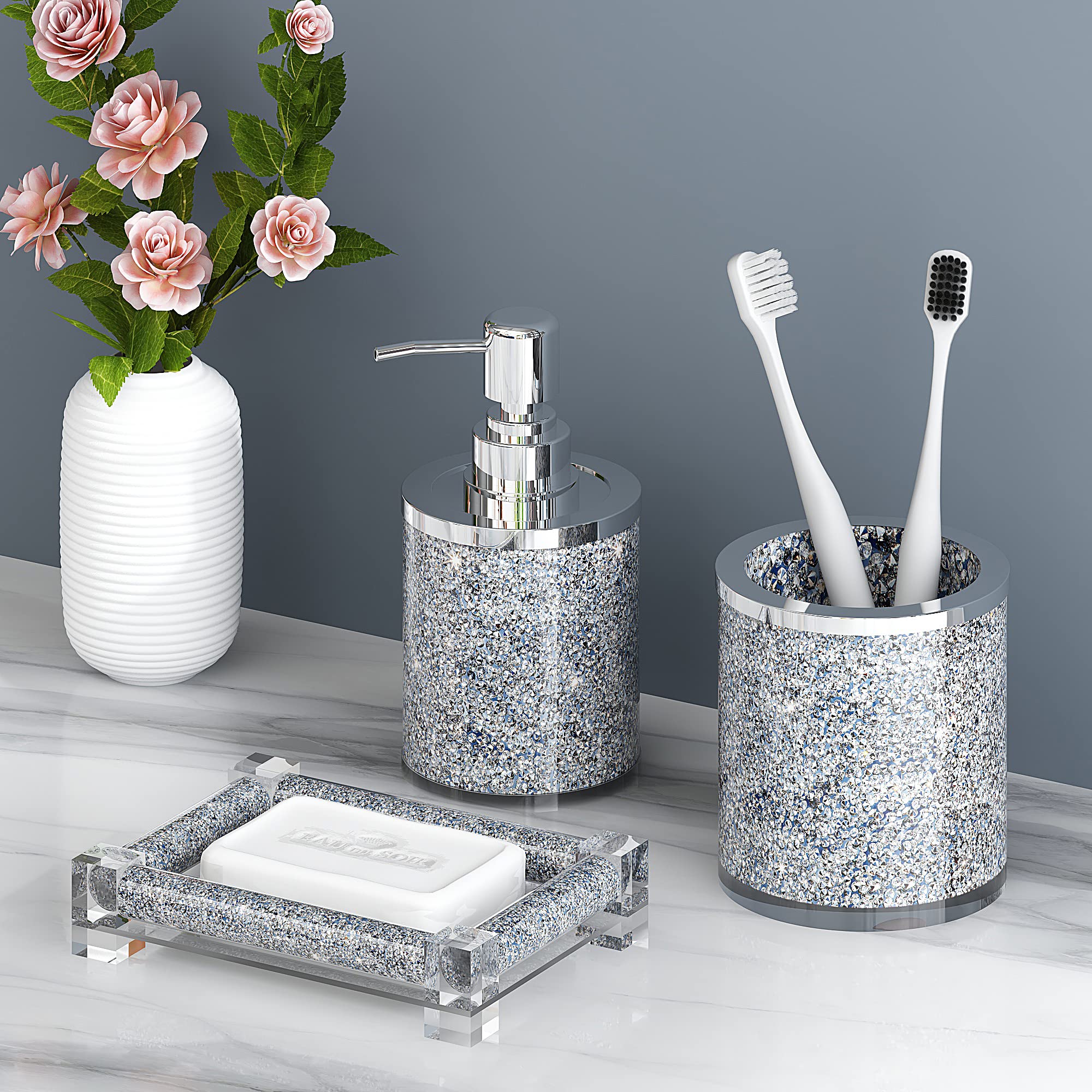 SHYFOY 3-Piece Silver Crystal Diamond Bathroom Accessories Set - Glass Soap Dispenser, Toothbrush Holder & Soap Dish - Elegant Vanity Organizer for Modern Bathroom Decor | Perfect for Guest Bathrooms, Master Suites & Spa-Style Home Decor