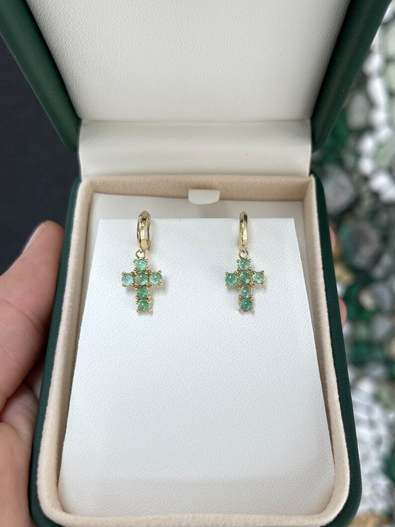 14K Gold Natural Light Green Emerald Round Cabochon Dangle Cross Earrings (1.10tcw) - Elegant Jewelry for Women, Perfect for Weddings, Parties & Daily Wear