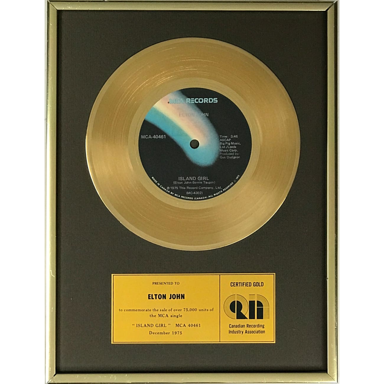 Elton John Island Girl CRIA Gold Single Award - Rare Collectible for Music Fans & Memorabilia Enthusiasts - Perfect for Display in Home, Office, or Music Studio