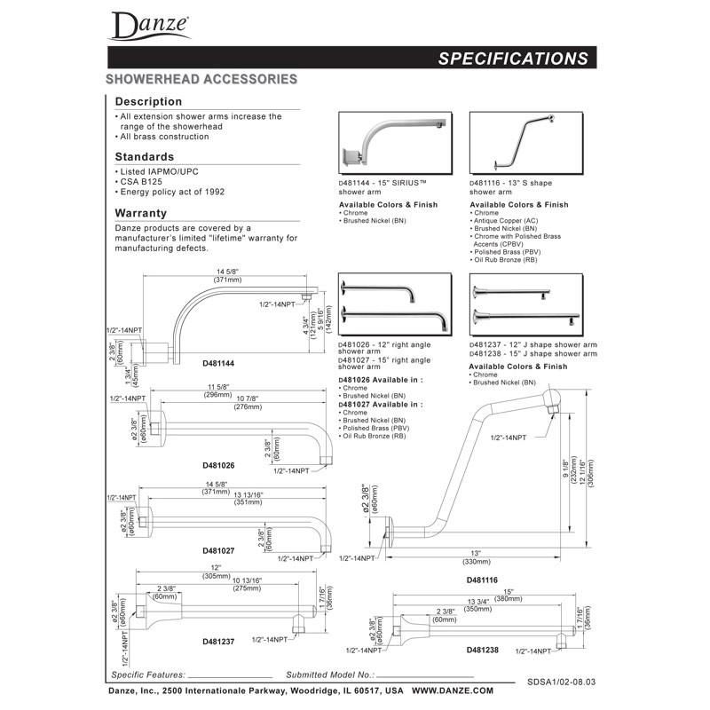 Danze Polished Brass 15-Inch Right Angle Wall Mount Shower Arm with Flange - Perfect for Bathroom Renovations & Modern Shower Installations