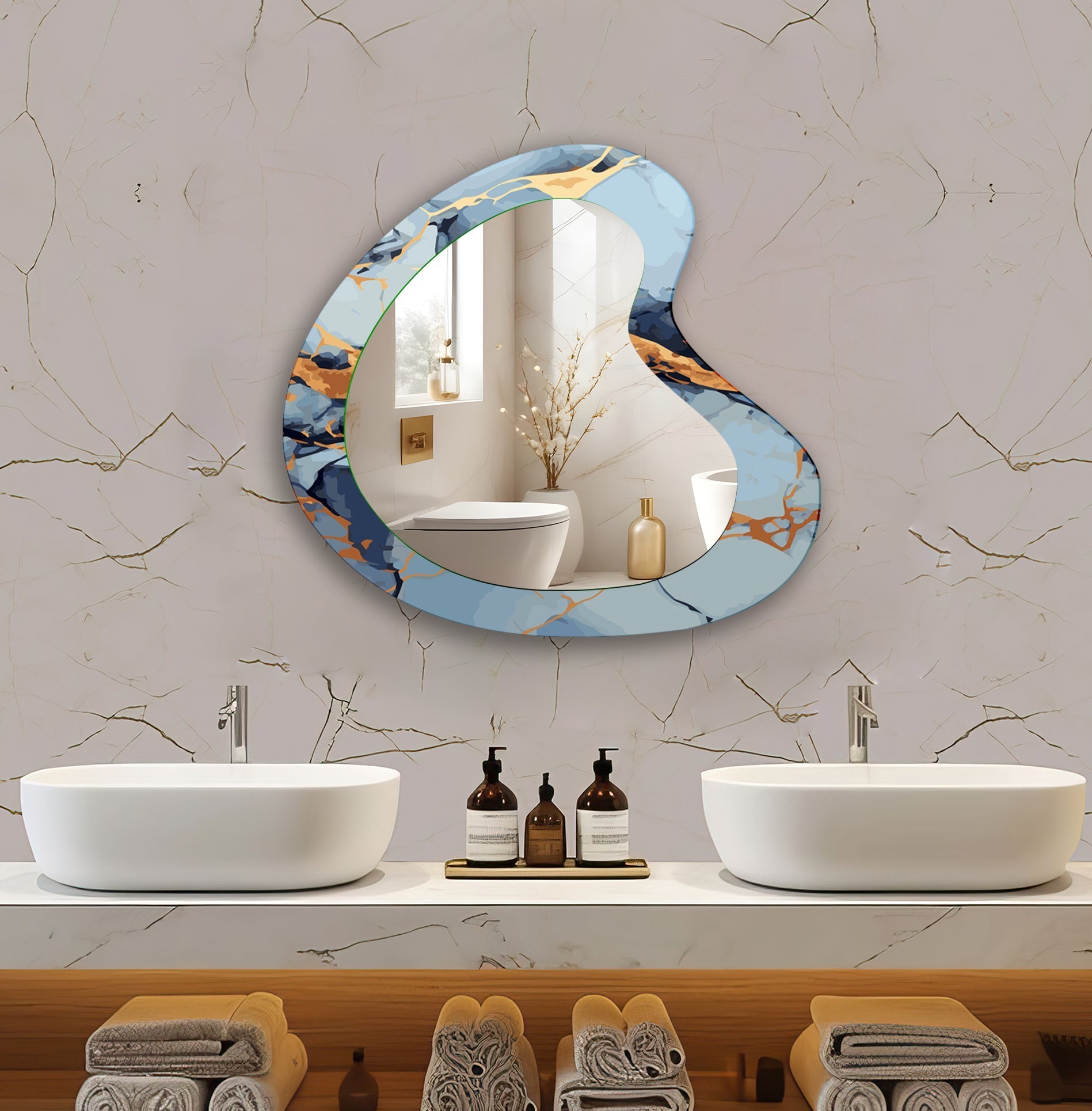 Blue Marble Irregular Decorative Wall Mirror - Modern Abstract Bathroom & Living Room Accent Piece for Home Decor