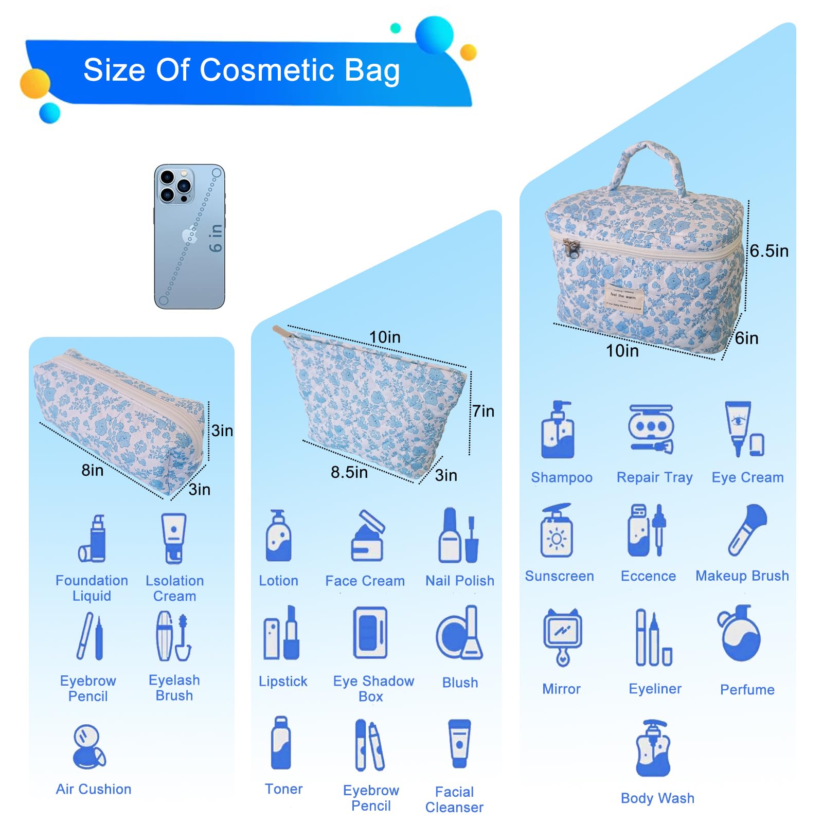 Quilted Makeup Bag Set for Women - 3Pcs Travel Cosmetic Organizer with Skincare Pouch, Floral Design Large Makeup Case for Girls (Blue) | Perfect for Travel, Gym & Daily Beauty Essentials Storage