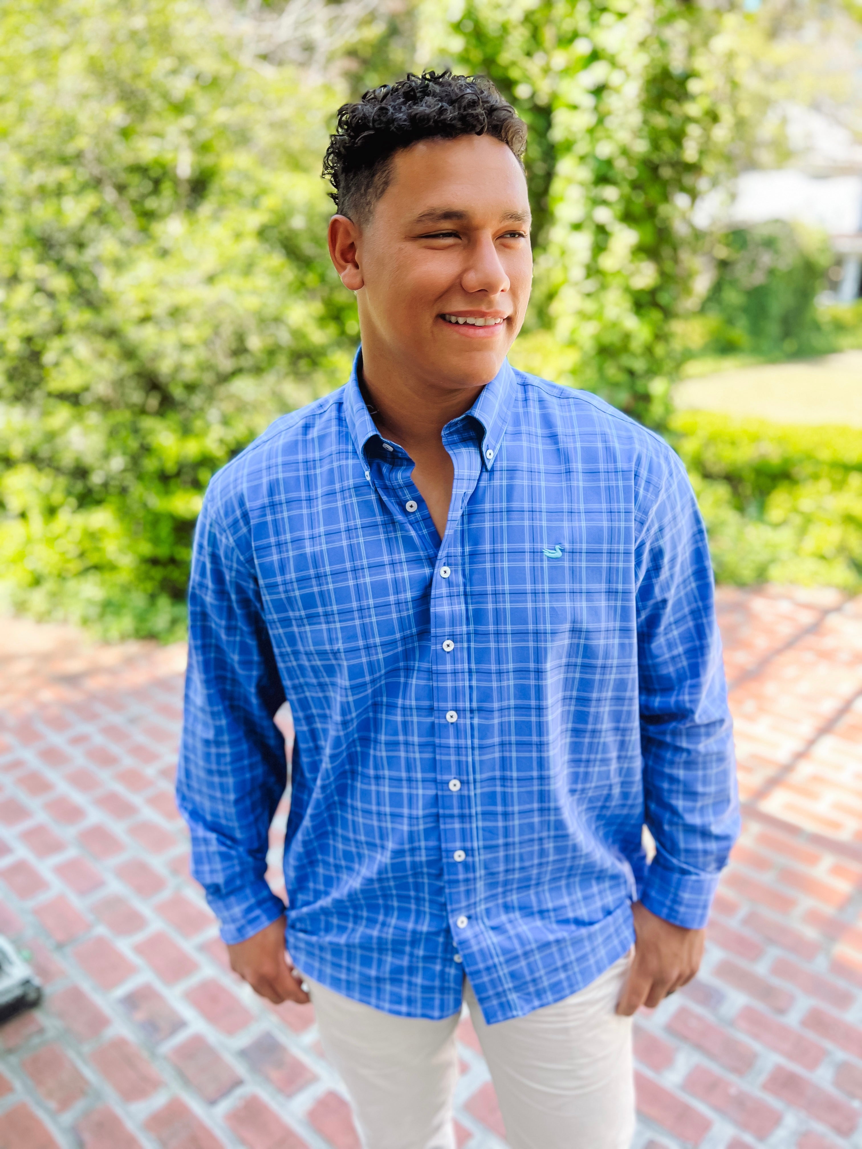 Southern Marsh Men's Performance Dress Shirt - Dark Bluebonnet & Blue - Moisture-Wicking, Wrinkle-Resistant Business Casual Shirt for Office, Weddings & Formal Events