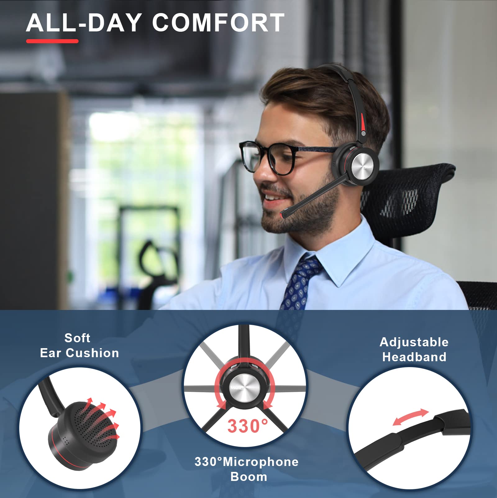 MAIRDI Wireless Bluetooth Headset with Microphone - 5.2 Noise Canceling Headphones for PC, Truck Drivers, Office & Call Centers - 40H Playtime - Compatible with Teams, Skype, Zoom, Jabber - Perfect for Remote Work, Online Meetings & Hands-Free Calling