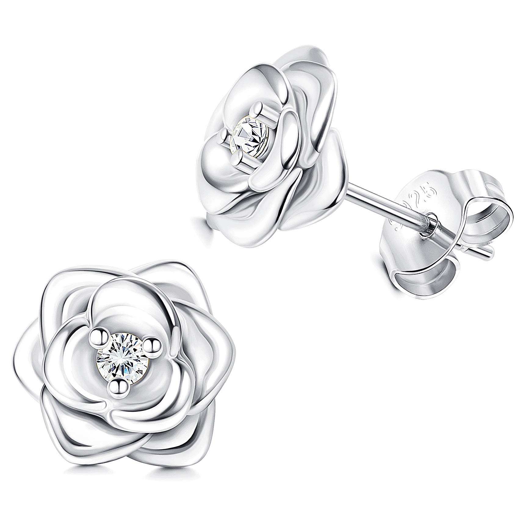 Sllaiss Rose Earrings for Women - 925 Sterling Silver Stud Earrings with AAAAA Cubic Zirconia, White Gold Plated Flower Earrings | Perfect for Weddings, Parties & Everyday Elegance