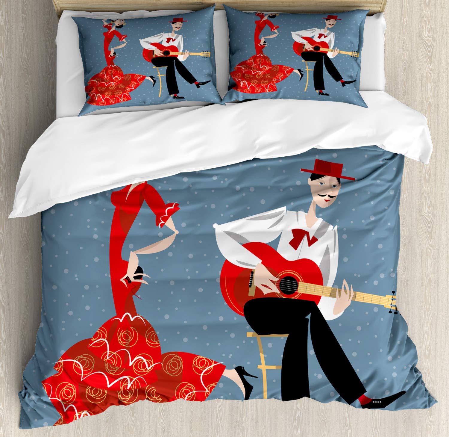 Lunarable Modern Duvet Cover Set - Spanish Flamenco Dancing Couple in Cultural Costumes, Twin Size 2-Pack with 2 Duvet Covers & 2 Pillowcases, Black | Perfect for Bedroom Decor, Guest Room, and Spanish-Themed Home Decor