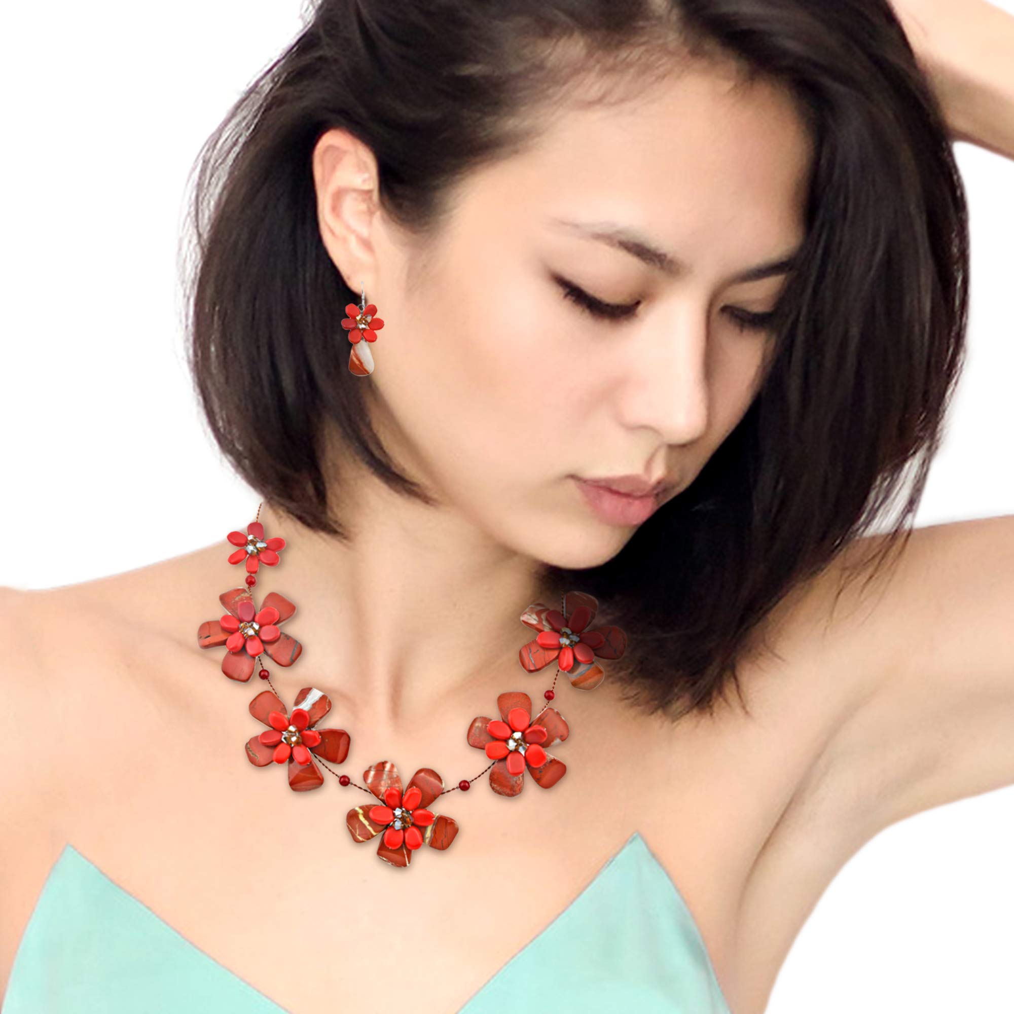 **AeraVida Red Jasper & Reconstructed Red Coral Floral Necklace & Earring Set for Women & Men – Elegant Jewelry for Weddings, Parties & Special Occasions**