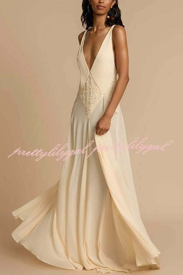 Venus By The Sea Tulle Lace Patchwork Backless Flowy Maxi Dress for Women - Elegant Beach Wedding Guest Dress & Summer Party Gown