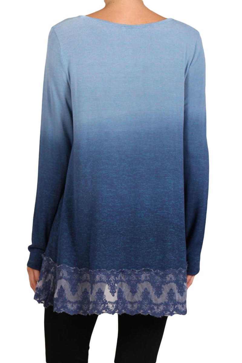 HEYHUN Women's Ombre Long Sleeve Knit Tunic Top with Crochet Patch - Stylish Boho Blouse for Casual Wear, Layering & Fall Fashion
