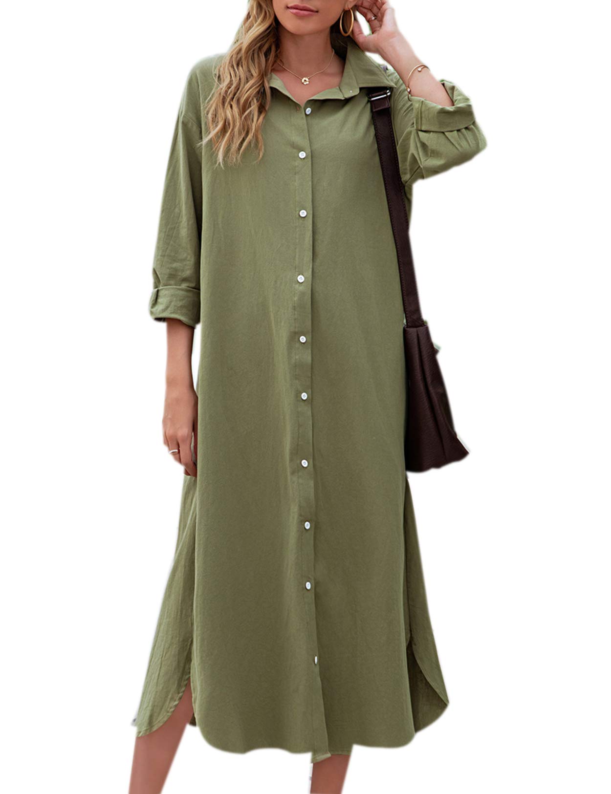 Sopliagon Women's Cotton Linen Shirt Dress - Casual Loose Maxi Dress with Pockets | Summer Beach Cover Up, Boho Chic Outfit for Vacation & Everyday Wear