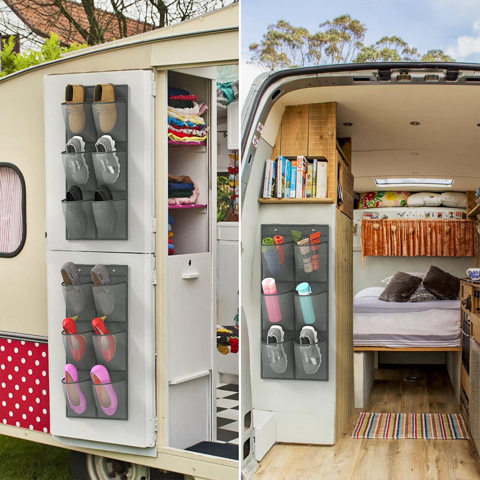2 Pack RV Shoe Organizer - 12 Large Mesh Pockets Hanging Closet Door Shoe Storage for Campers | Space-Saving Wall Mount Shoe Rack with Sticky Mounts | Perfect for RV, Travel Trailers & Small Spaces