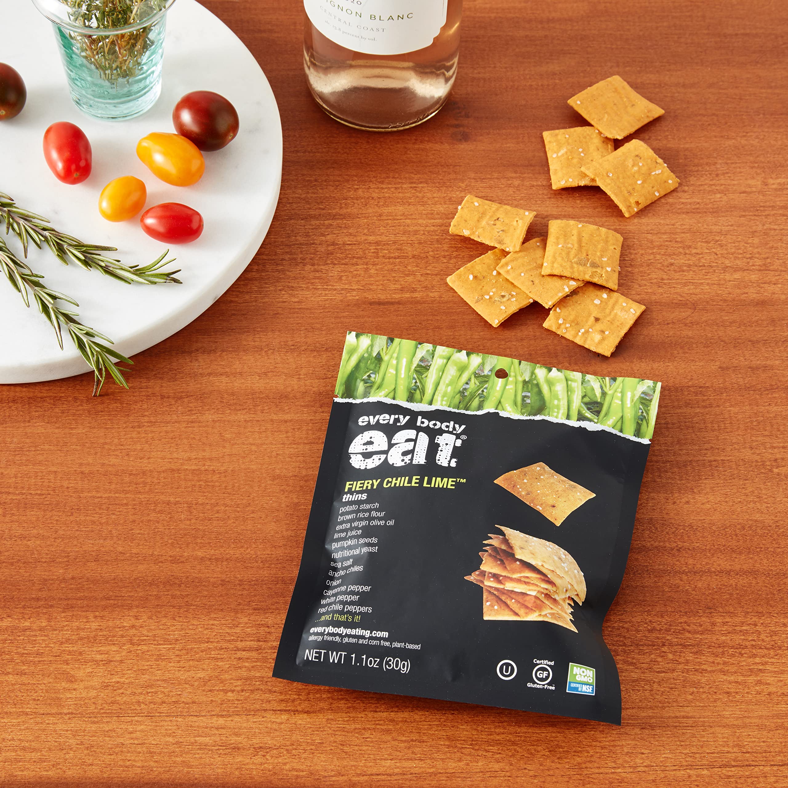 Every Body Eat Snack Thins - Fiery Chile Lime Flavor | Gluten Free, Dairy Free, Vegan Snacks | Perfect for School Lunches & On-the-Go (20 Single Serve Packs) | Great for Office Snacking, Road Trips & Healthy Lifestyle