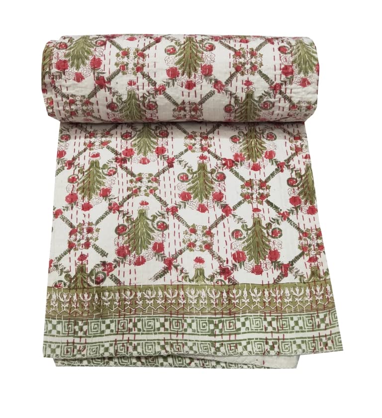 Handmade Indian Kantha Quilt - Floral Printed Cotton Bedspread Coverlet, Queen Size Hand Block Kantha Throw Blanket (Red Tree) | Perfect for Boho Bedroom Decor, Cozy Living Room Accent & Unique Gift Idea