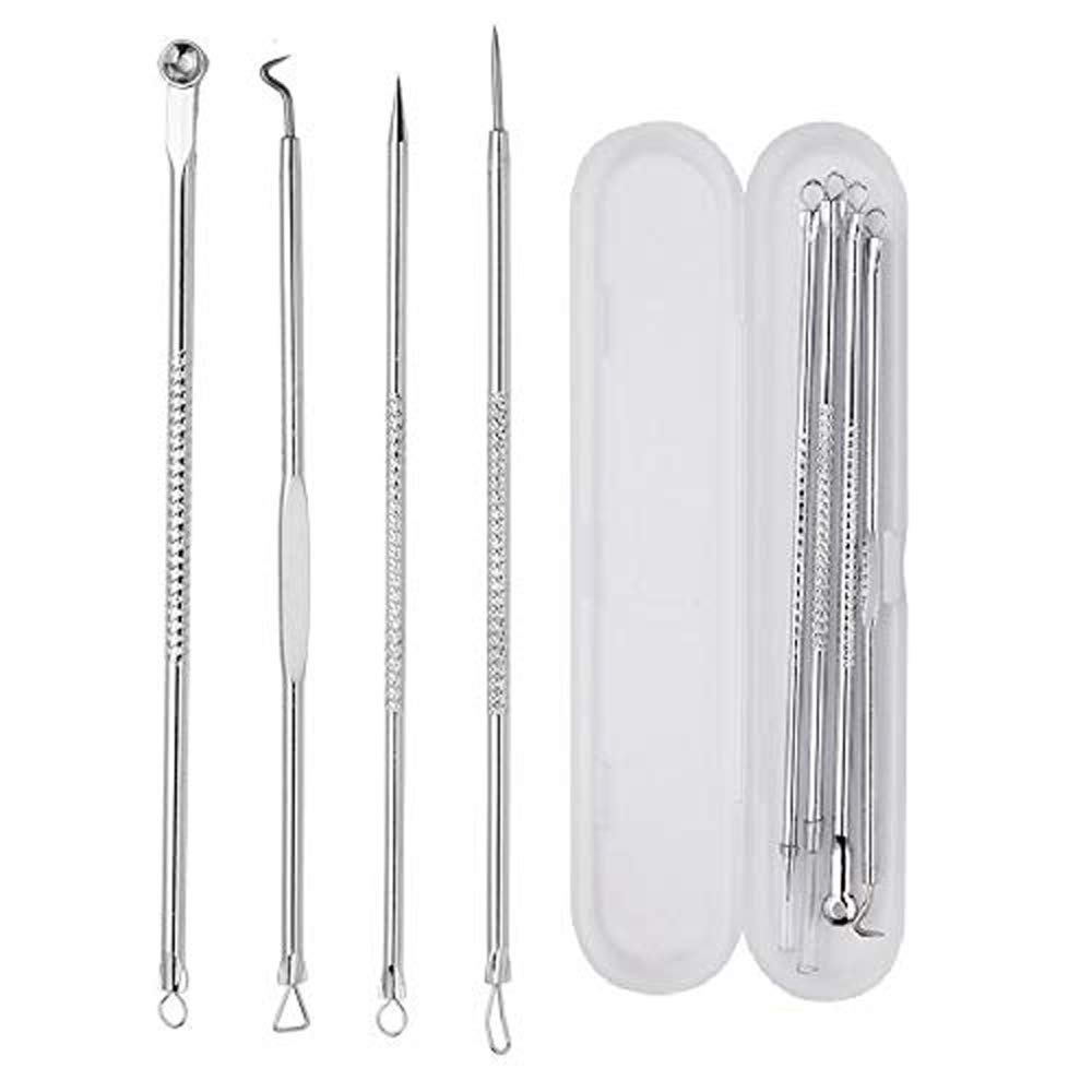 RKPM 4-Piece Stainless Steel Acne Extractor Kit - Blackhead & Blemish Removal Tools with Portable Case for Easy Travel | Professional Skin Care for Face & Body (Silver)