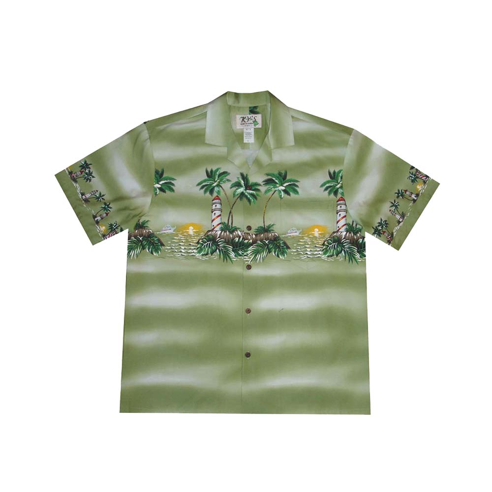 Men's Cotton Hawaiian Shirt with Light House Oahu Print - Green Tropical Vacation Shirt for Beach Party, Summer Outing & Casual Wear