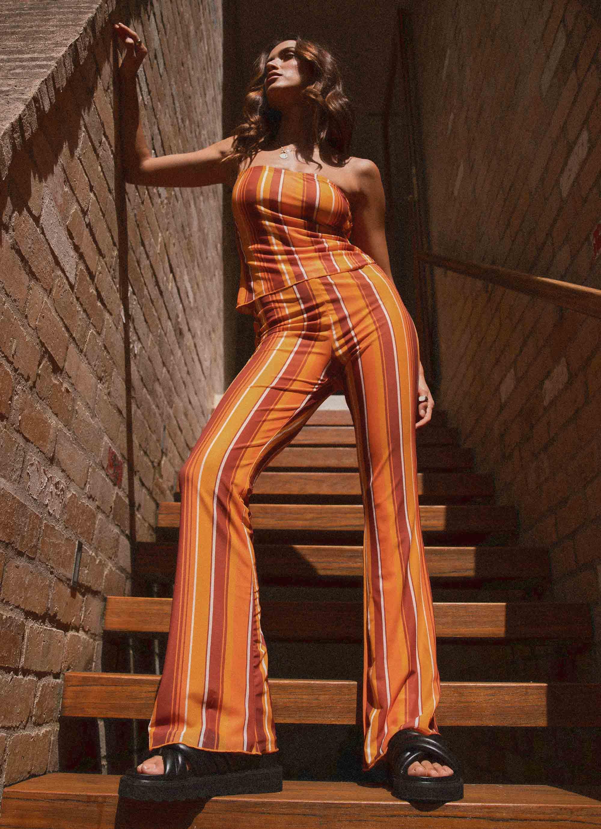 Golden Hour Stripe Pants - Women's High Waisted Casual Trousers for Sunset Photography, Beach Walks & Evening Outfits