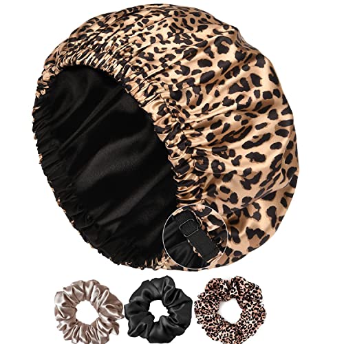 **Candibella Satin Silk Bonnet for Hair with 3 Satin Scrunchies – Adjustable Reversible Silk Hair Cap for Sleeping, Curly & Natural Hair – Cheetah Print Satin Hair Wrap – Perfect for Nighttime Hair Protection & Styling**