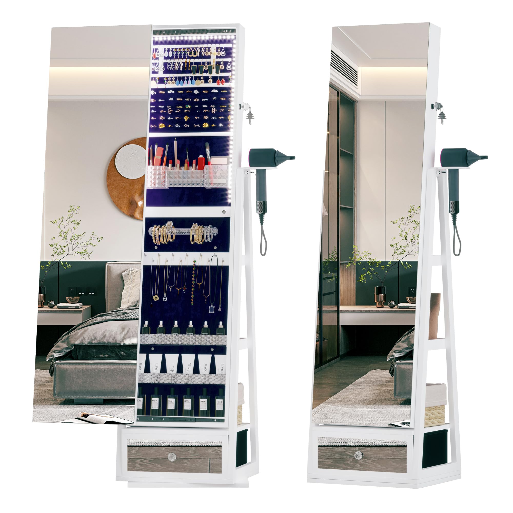 Full Length Mirror with Jewelry Armoire Storage - 360° Rotating Standing Jewelry Organizer Cabinet with LED Lights, Sliding Mirror & Large Capacity for Bedroom, Dressing Room, Closet (White) - Perfect for Organizing Necklaces, Rings & Accessories