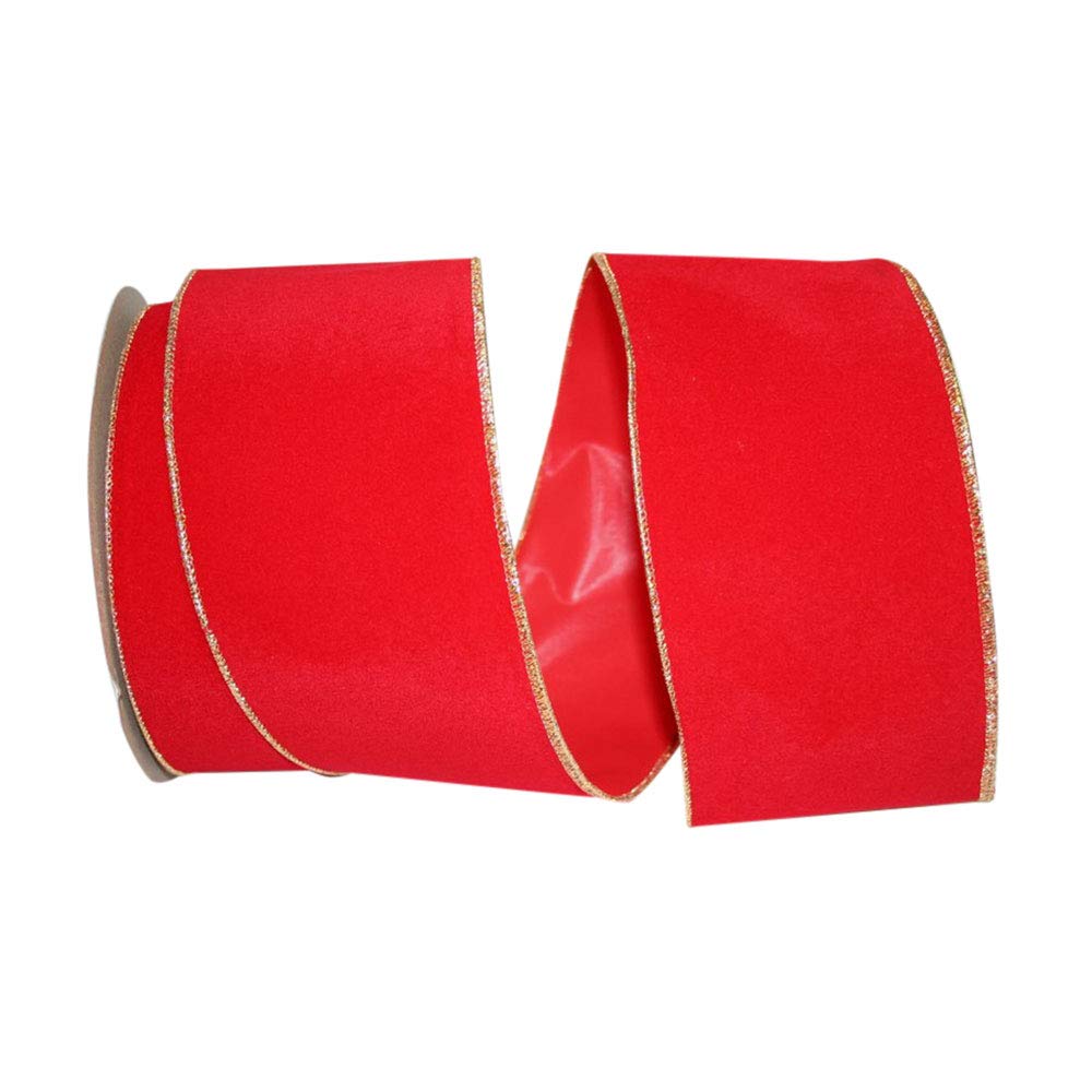 Reliant Ribbon Velvet Commercial Heavy Wired Edge Ribbon - 4 Inch x 25 Yards, Red/Gold - Perfect for Gift Wrapping, Wedding Decorations & Craft Projects