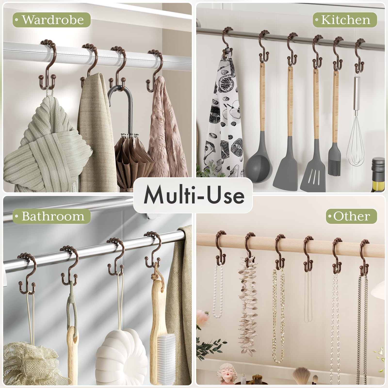 Amazer 12-Pack Brown Plastic Double Shower Curtain Hooks Rings for Bathroom - Durable Shower Rod Accessories for Home, Hotel & Spa Use