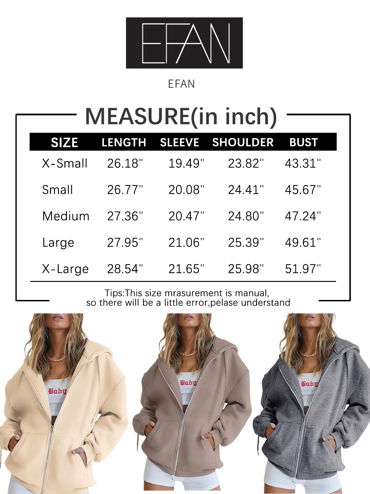 EFAN Women's Oversized Zip Up Hoodie with Drawstring & Pocket - Cute Fall Jacket Casual Sweatshirt for Streetwear, Lounge & Outdoor Activities