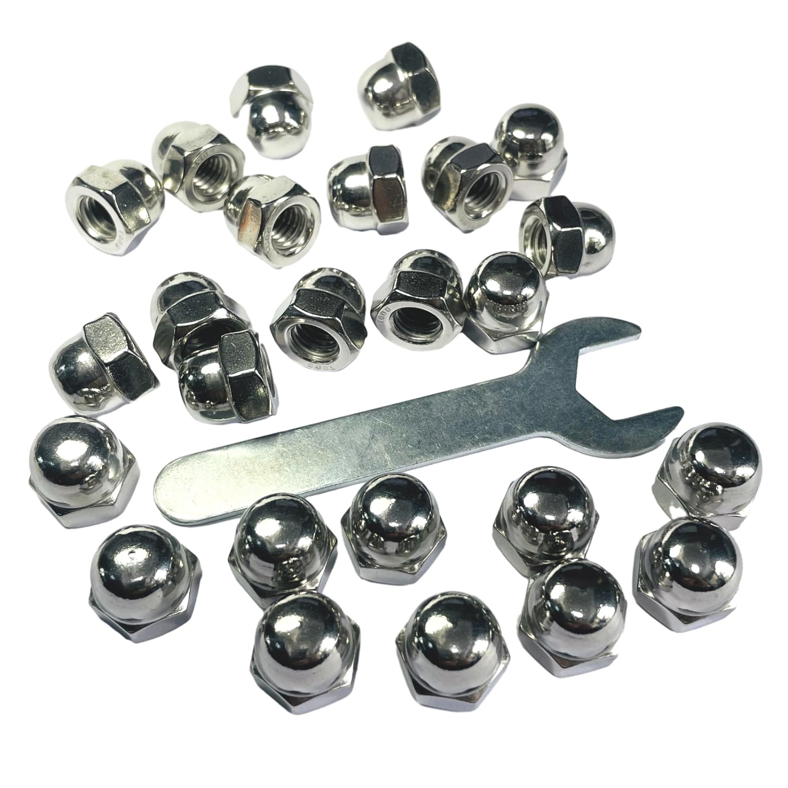 25pcs 3/8-16 Acorn Cap Nuts, 304 Stainless Steel Dome Head Hex Nuts with Bright Finish - Heavy Duty Hardware for Automotive, Machinery & DIY Projects - Includes Open End Wrench for Easy Installation