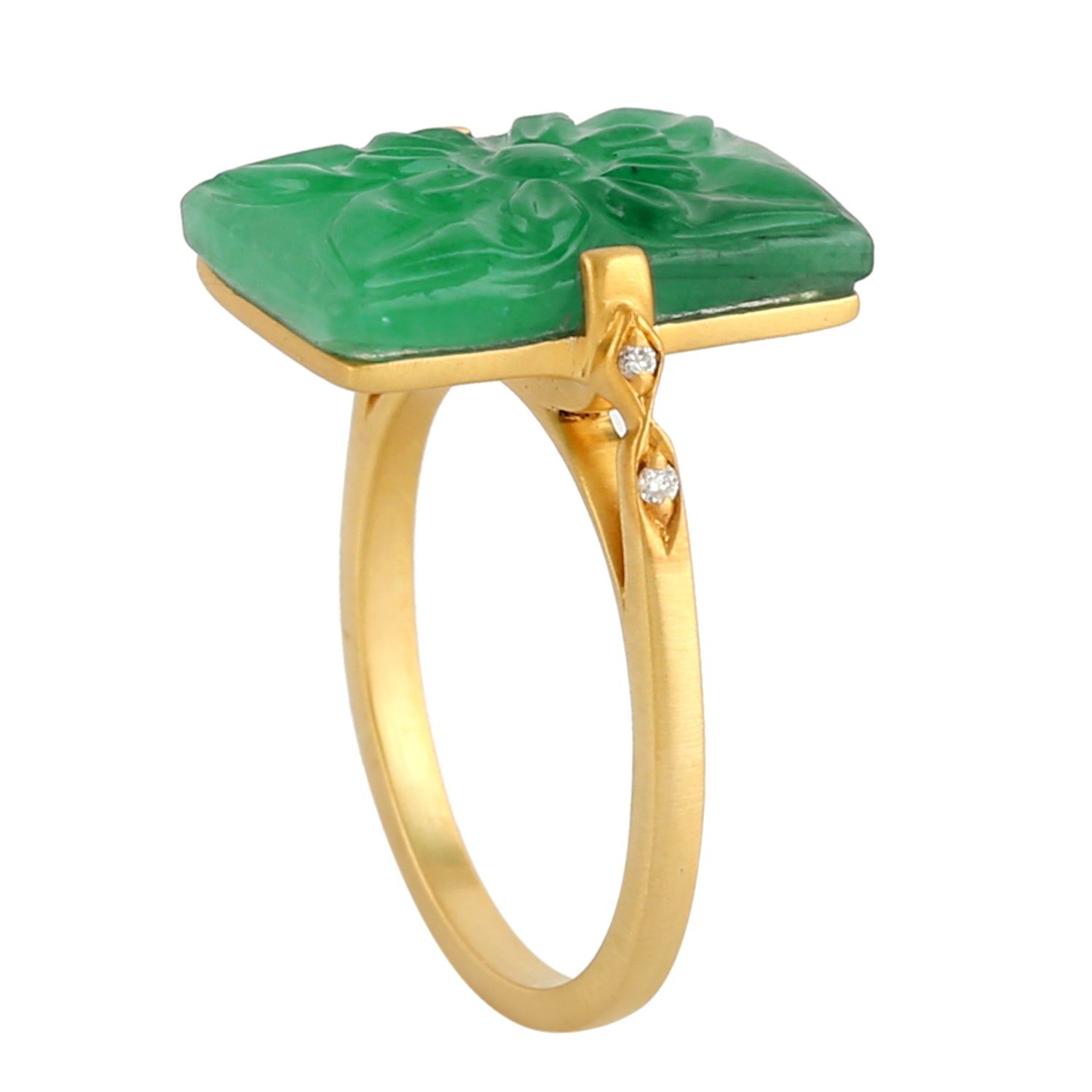 18K Yellow Gold Carved Emerald Gemstone Pave Diamond Designer Ring for Women | Elegant Jewelry Gift for Anniversary, Engagement & Special Occasions