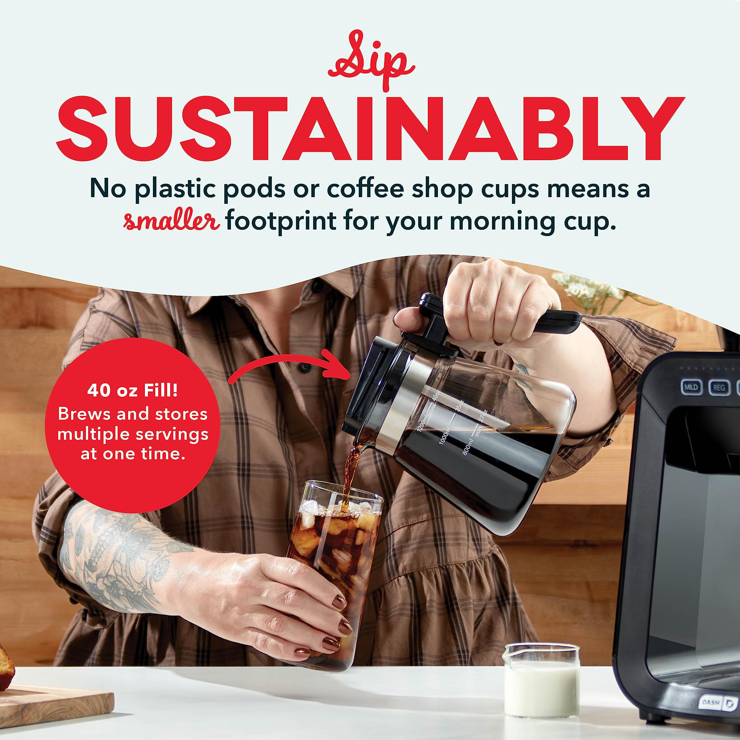 DASH Rapid Cold Brew Maker with VacuPress™ Technology - 40oz Glass Carafe for Instant Fresh Cold Brew Coffee & Iced Tea - Perfect for Home, Office & Outdoor Use