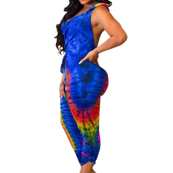 Tie Dye Caribbean Backless Jumpsuit for Women - Boho Beach Cover Up, Summer Festival Outfit, Vacation Romper
