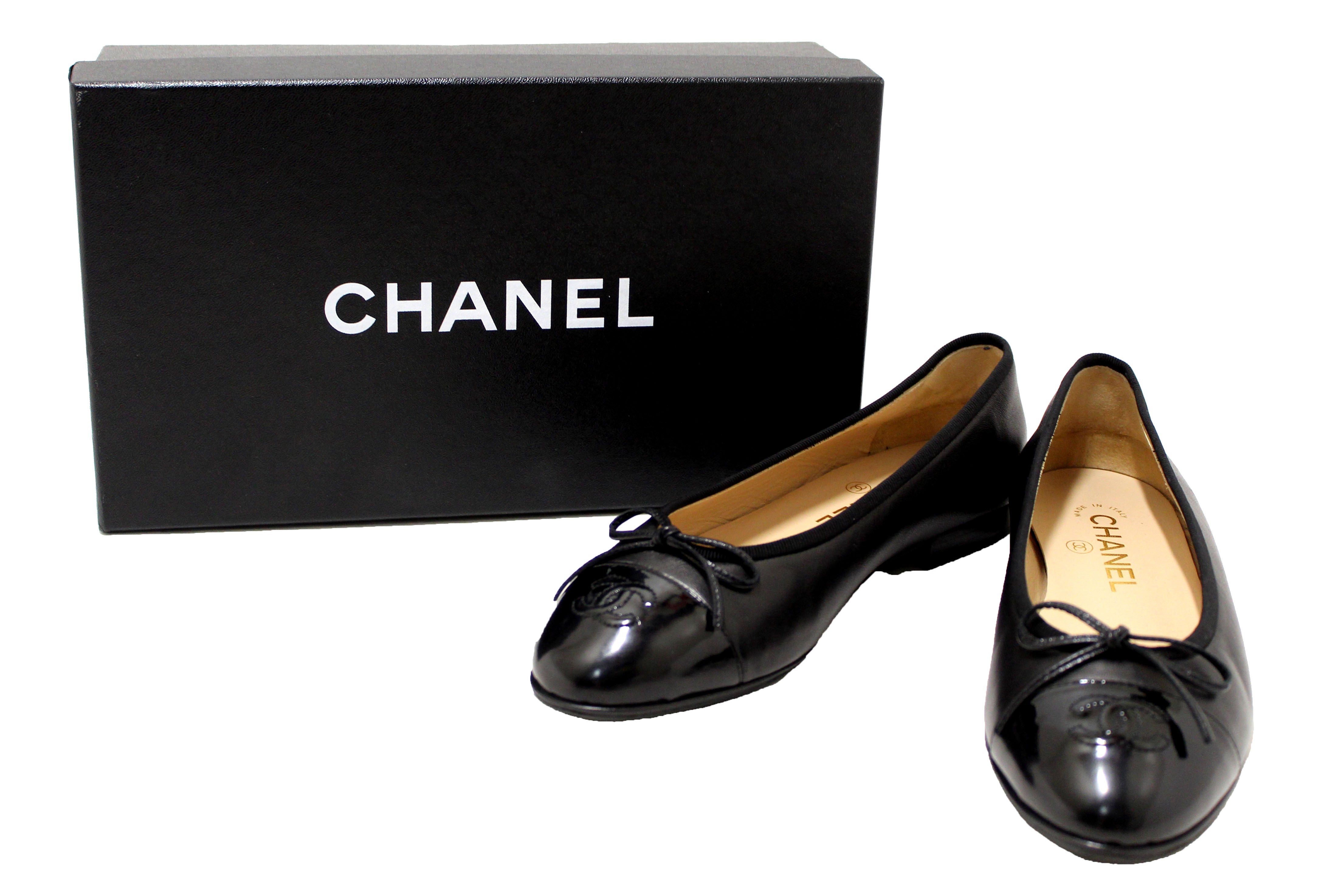 Authentic Chanel Black Lambskin & Patent Calfskin Ballet Flats Women's Size 37 - Elegant Comfort for Work, Parties & Special Occasions