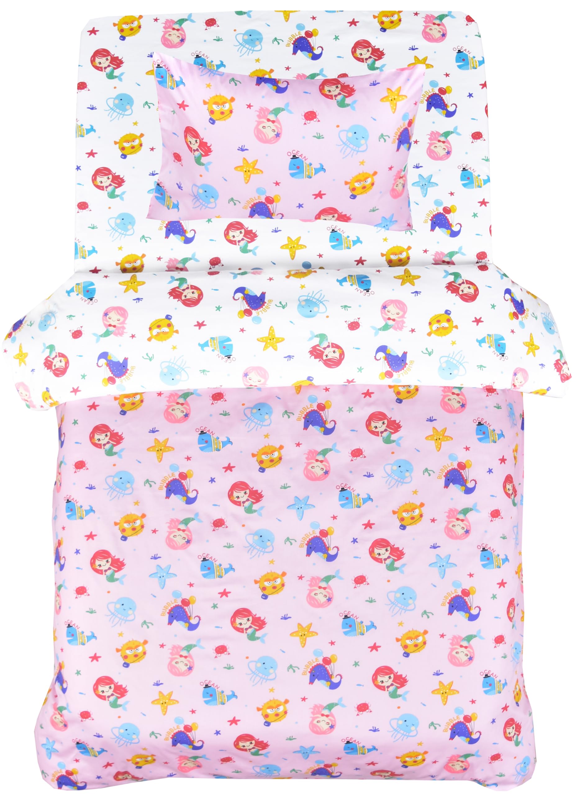 **Pink Mermaid Reversible Duvet Cover & Pillowcase Set for Kids - 100% Cotton Twin Size (60