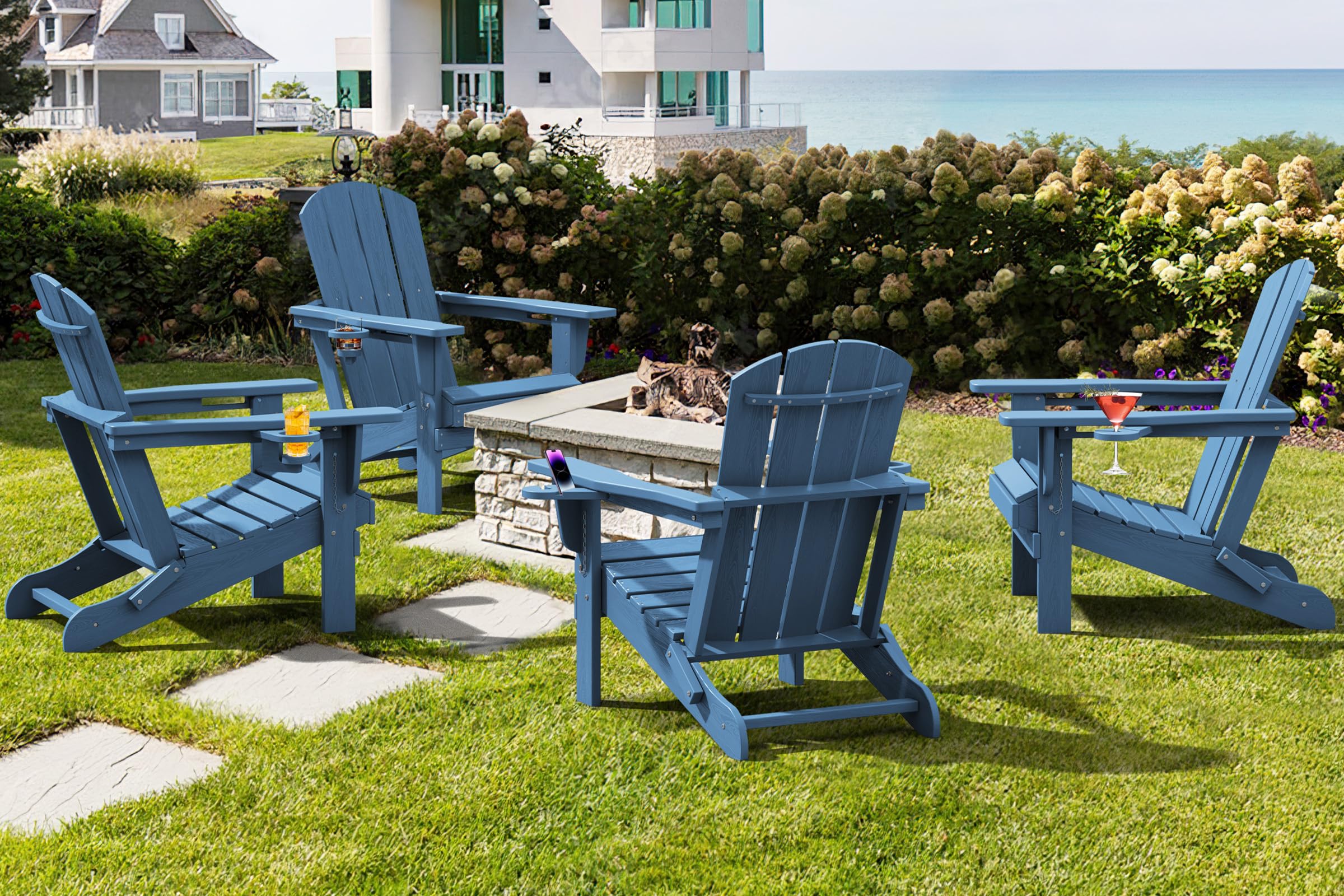 SERWALL Folding Adirondack Chair Set of 2 - HDPE Plastic Outdoor Patio Furniture with Wood-Like Finish in Navy Blue - Perfect for Backyard, Poolside, and Beach Relaxation
