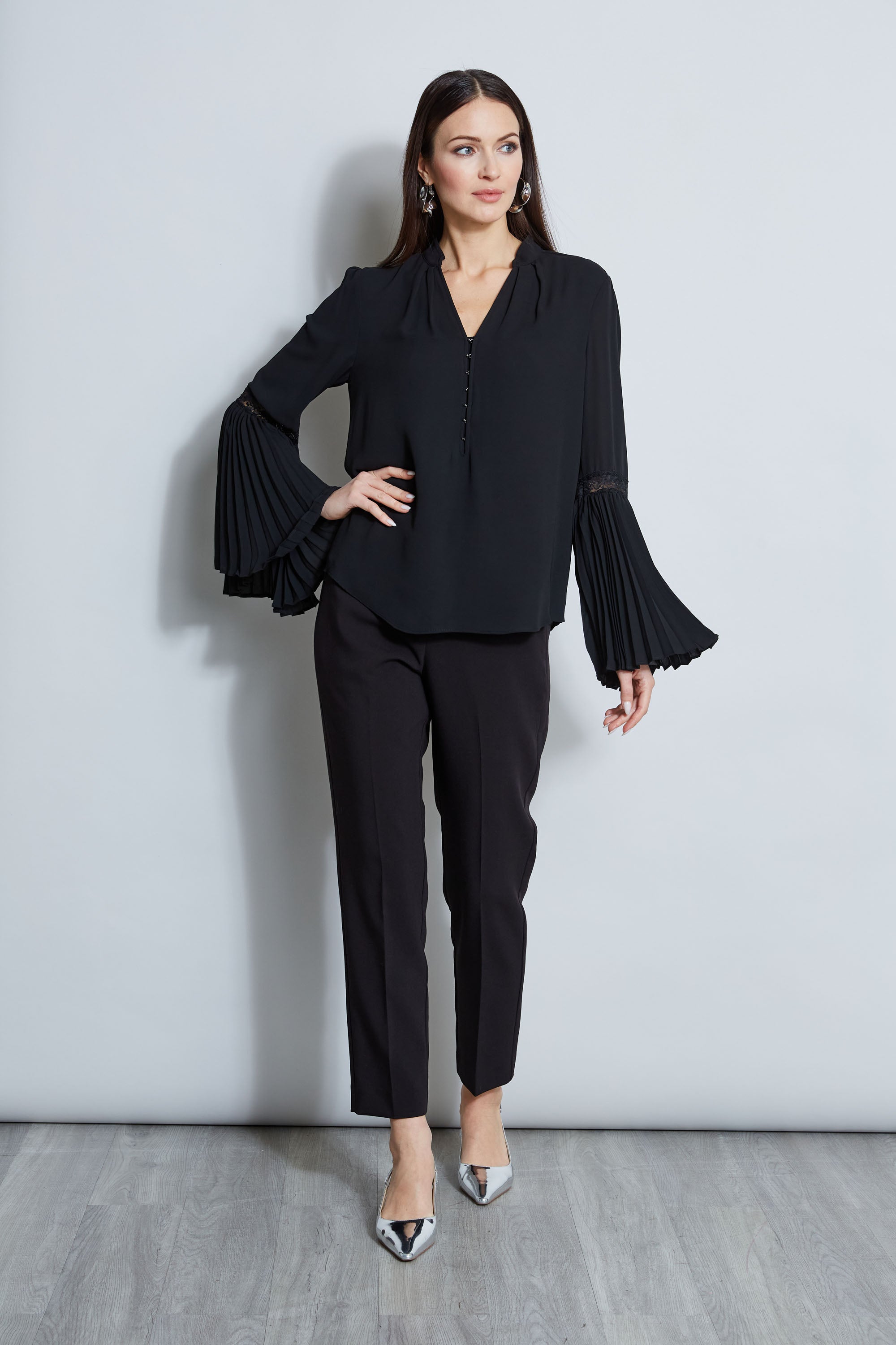Tahari Pleated Lace Sleeve Blouse for Women | Elegant Office & Party Wear | Formal & Casual Fashion Top