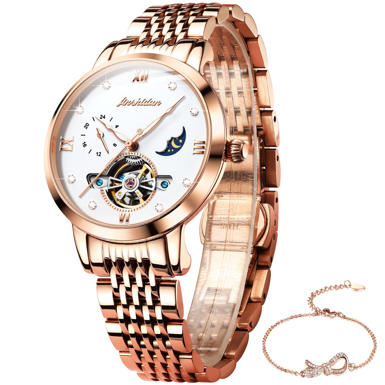 18K Gold Women's Automatic Watch with Two-Tone Stainless Steel Bracelet & Diamond Accents - Self-Winding Luxury Watch for Women [No Battery Needed] - Perfect for Business, Formal Events & Everyday Elegance