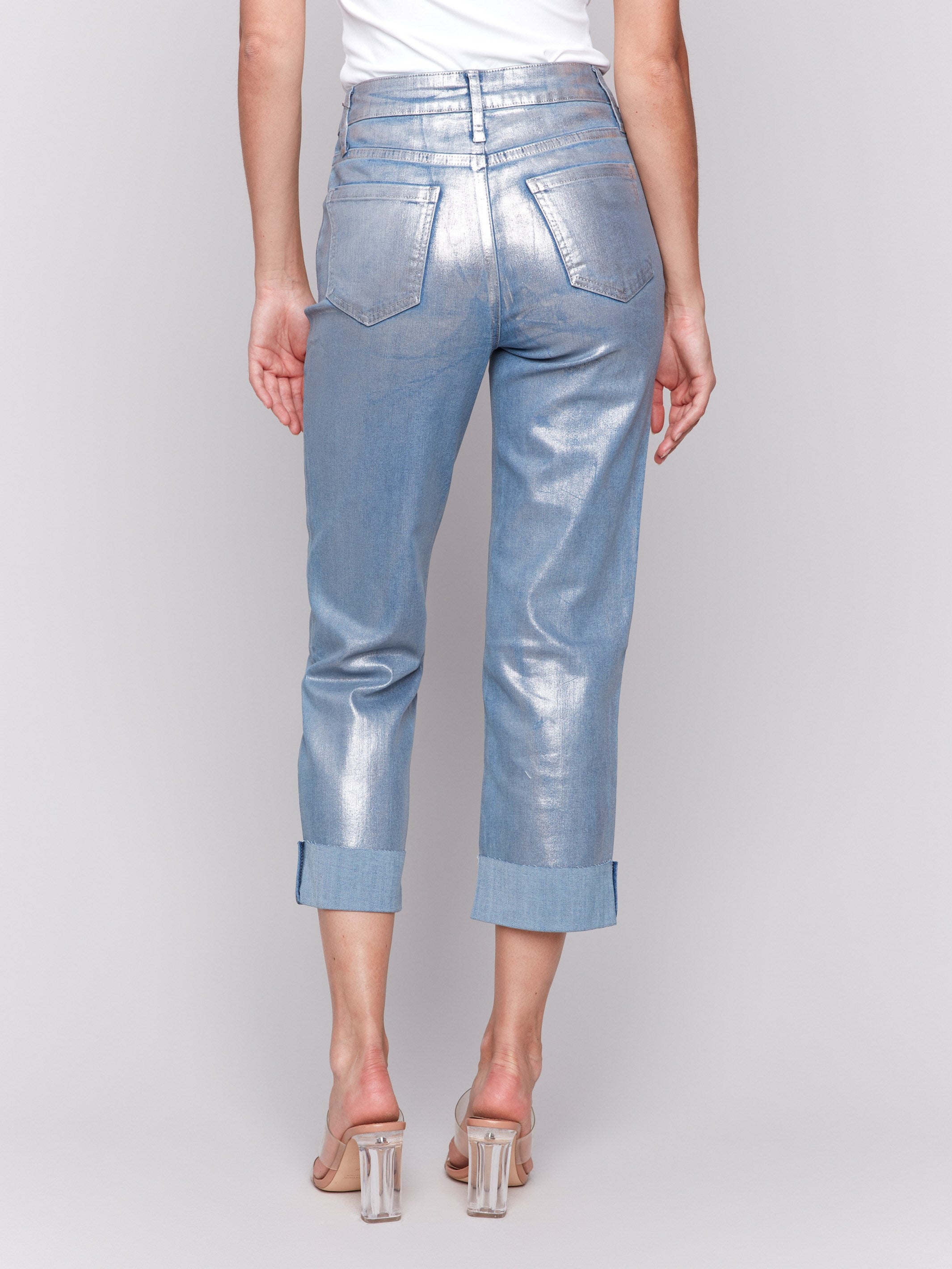 Stylish Foiled Straight Leg Jeans for Women - Bleach Blue Wash | Trendy High Waist Denim Pants for Casual Outfits & Everyday Wear