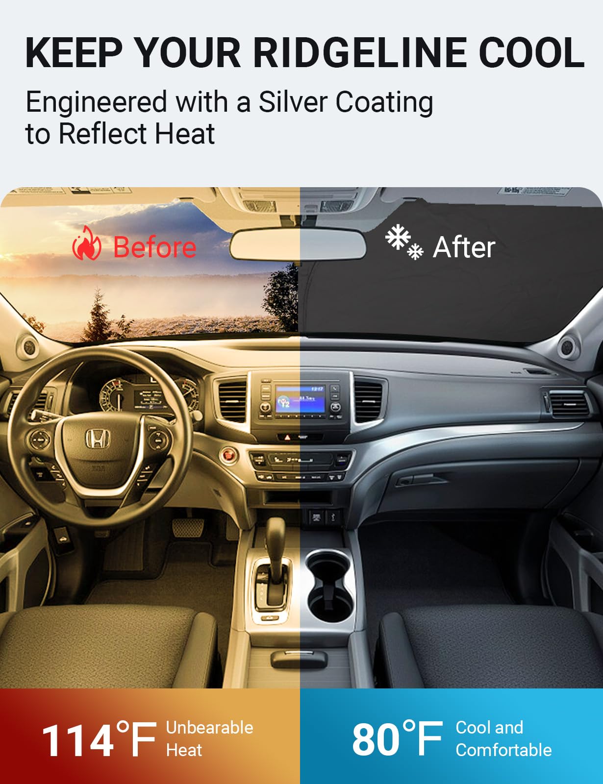 Proadsy Foldable Front Windshield Sun Shade Protector - Custom Fit for 2017-2025 Honda Ridgeline Crew Cab | UV Protection & Heat Shield | Perfect for Summer Parking & Road Trips