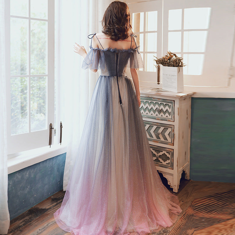 Elegant Off Shoulder Gray Blue Gradient Tulle Prom Dress - A-Line Shiny Long Evening Party Gown for Homecoming, Quinceañera & Formal Events - Style 589