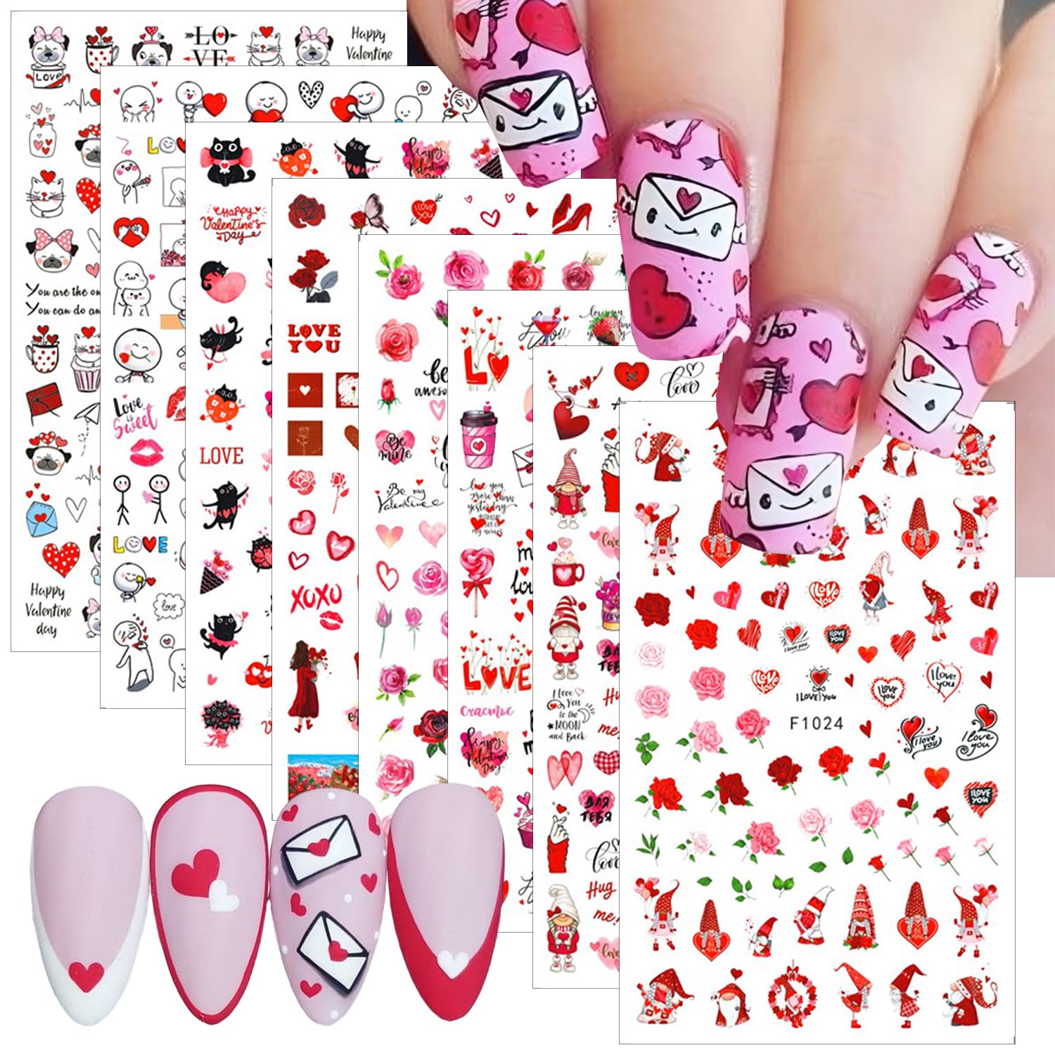 Valentine's Day 3D Heart Nail Stickers - 8 Sheets Self-Adhesive Nail Art Decals with Red Pink Rose & Sexy Lips Design for DIY Manicure | Perfect for Women's Nail Decoration, Date Night, Bridal Shower & Party Nails
