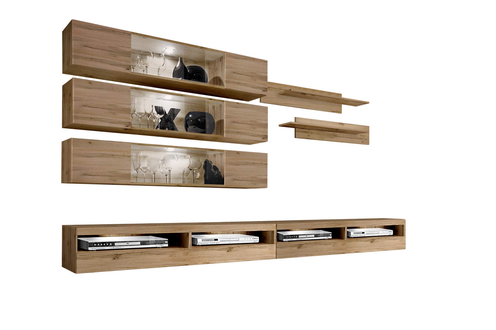 Fly J3 35TV Wall-Mounted Entertainment Center - Modern Floating TV Stand with Storage Shelves & LED Lights for Bedroom & Living Room - Oak Wood Media Console - Perfect for Small Spaces & Home Theater Setup