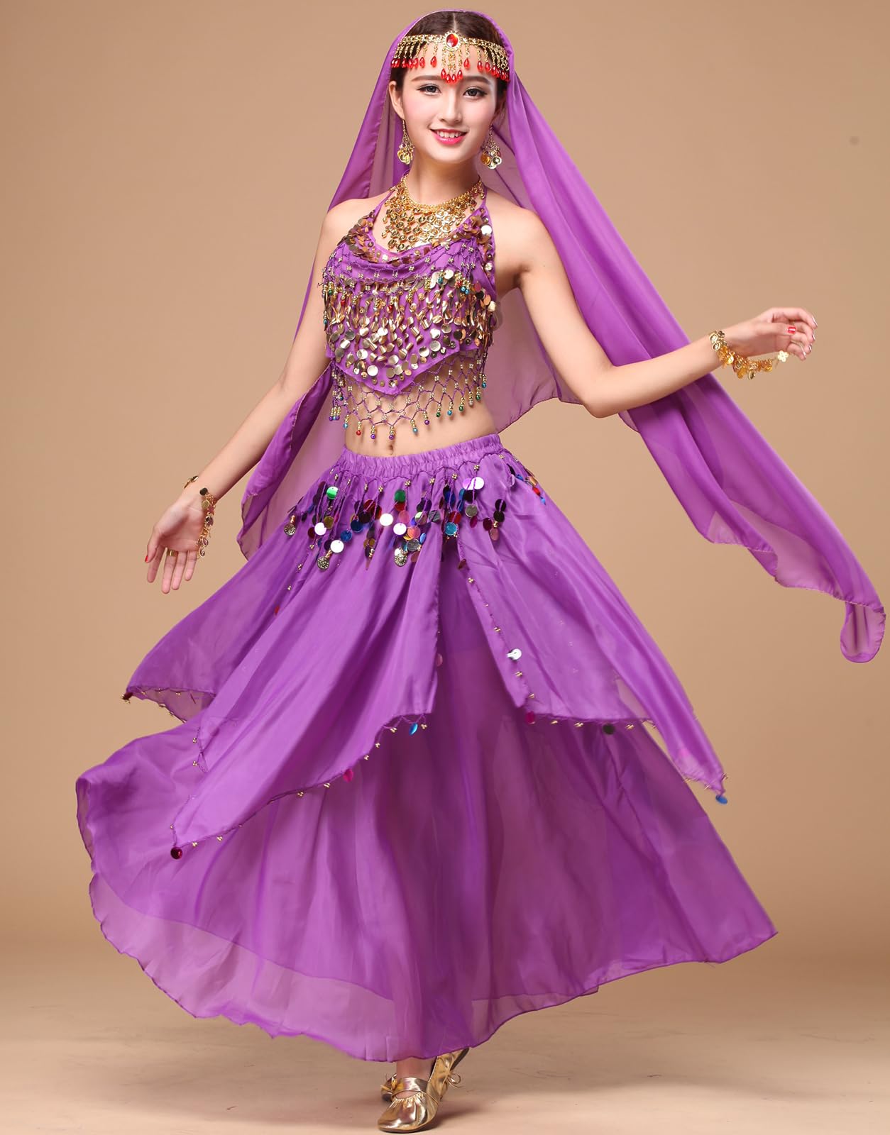 Women's Belly Dance Costume - Sequin Crop Top & Chiffon Skirt Set for Halloween, Party, and Performance | Elegant & Comfortable Outfit for Dance Shows, Cosplay, and Festive Events