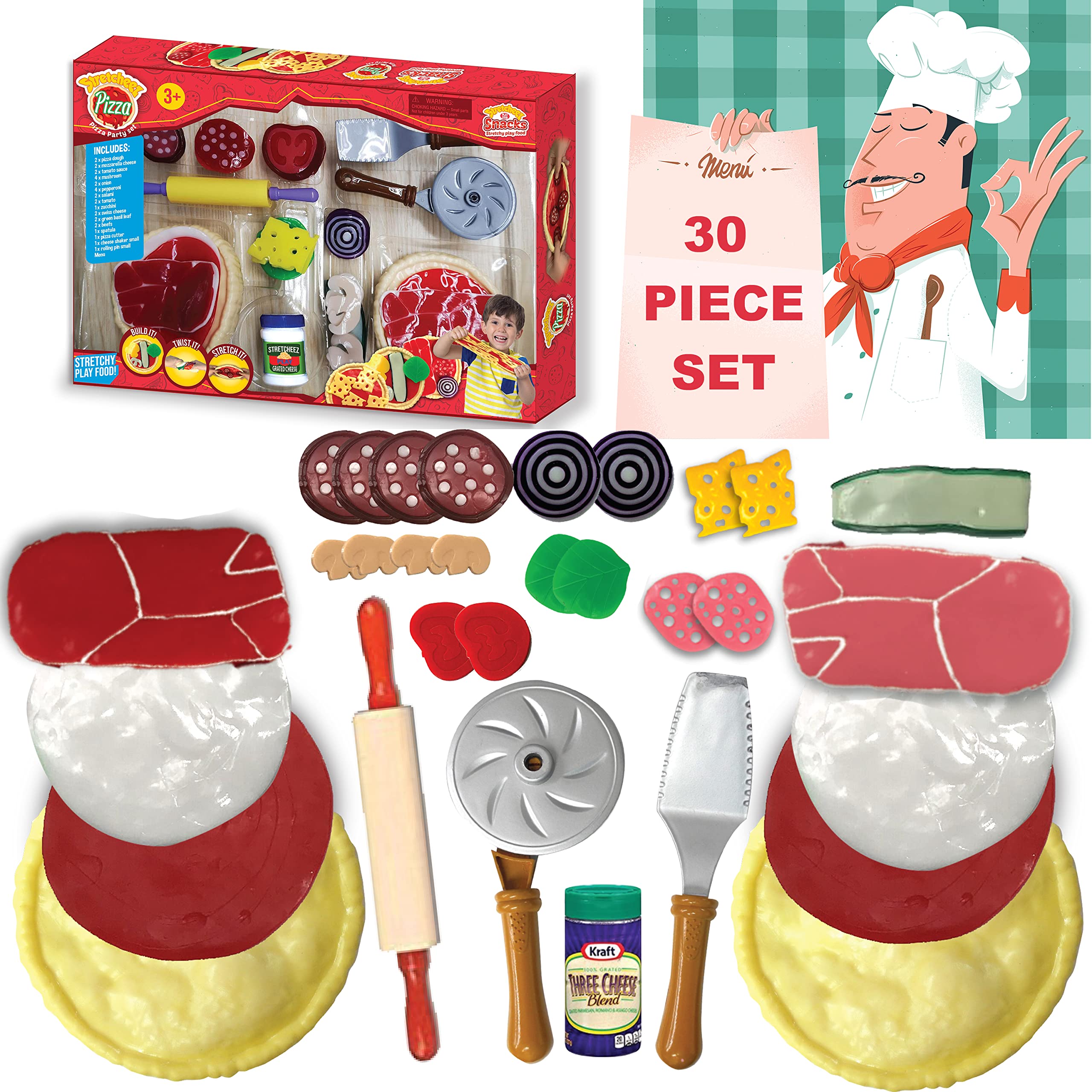 Stretcheez Pizza Party Set - Realistic & Squishy Play Food Toys for Kids - Pretend Play Kitchen Accessories for Toddlers & Preschoolers