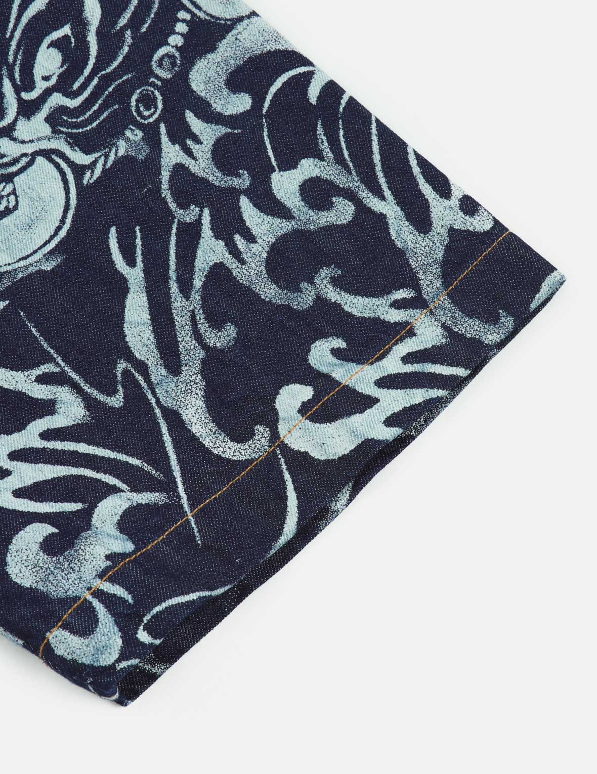 Vintage Allover Seagull & Carp Print Loose Fit Denim Shirt for Men & Women - Casual Beachwear, Street Style Fashion, Boho Outfit Essential