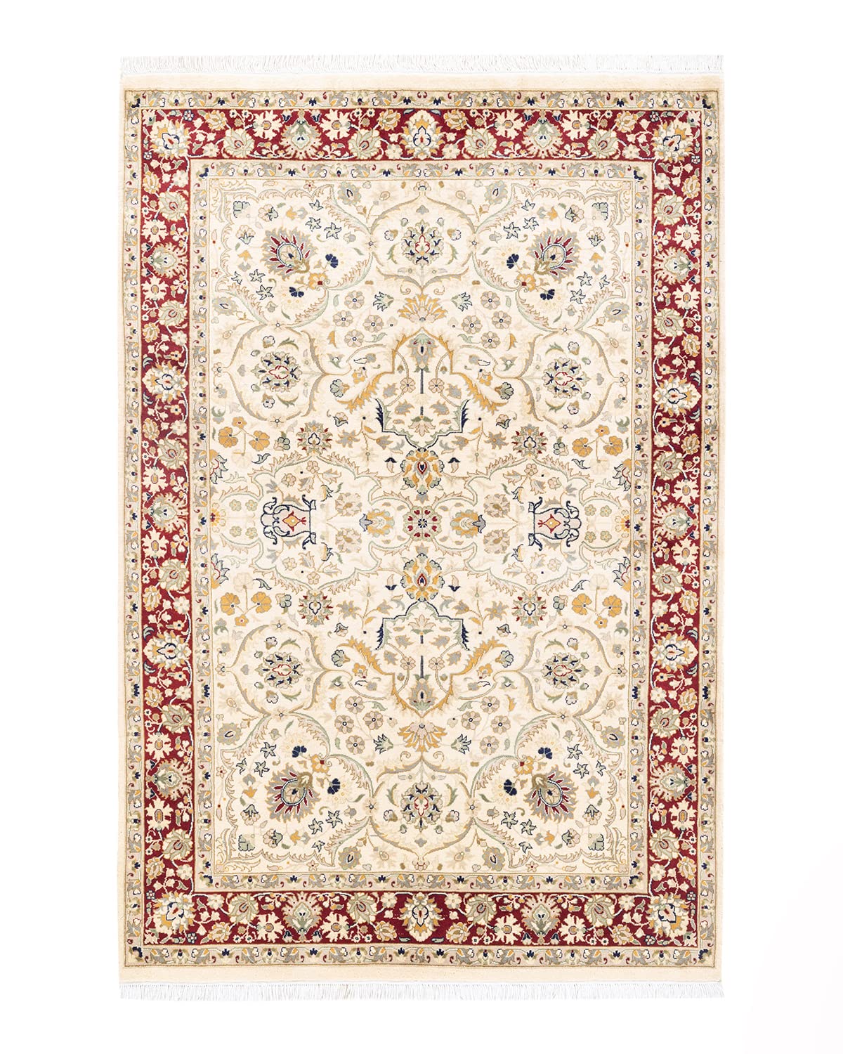 Handmade Wool Oriental Mogul Ivory 4x6 Area Rug - Traditional Hand-Knotted One-of-a-Kind Solo Rugs for Living Room, Bedroom & Home Decor