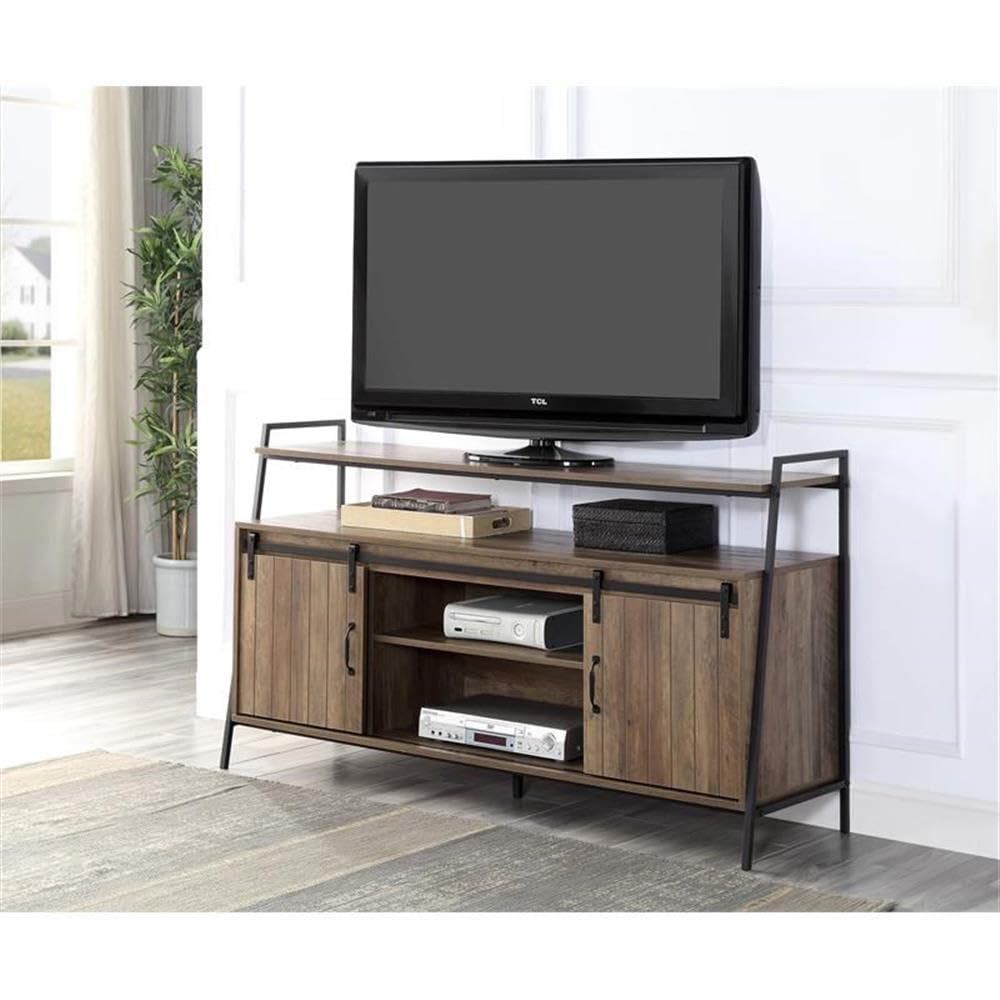 Acme Rashawn Rustic Oak & Black Wooden TV Stand with 2 Open Shelves - Perfect for Living Room, Bedroom & Home Theater Setup