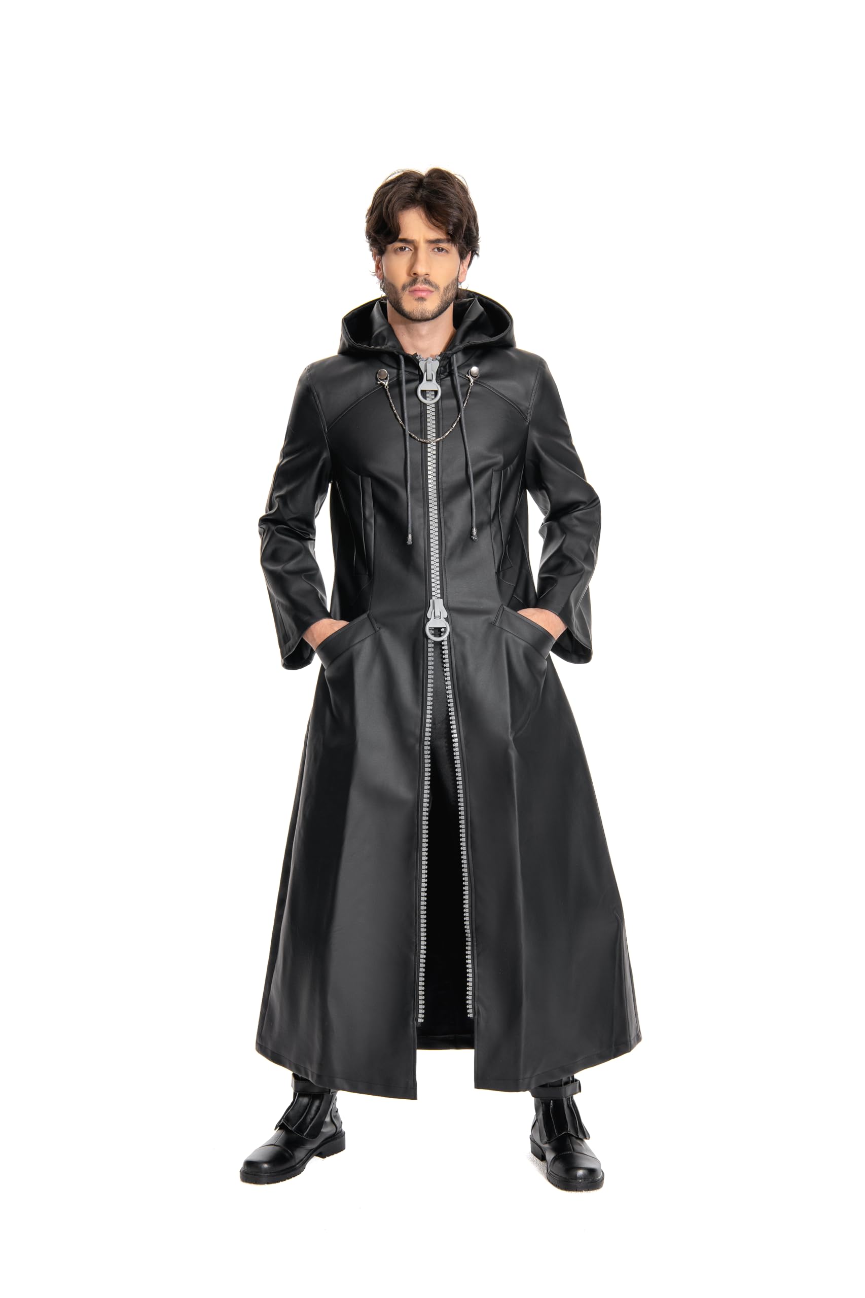Men's Hooded Cloak Robe - Medieval Cosplay Costume, Gothic Halloween Outfit, Long Leather Jacket for LARP, Renaissance Fairs & Theatrical Performances