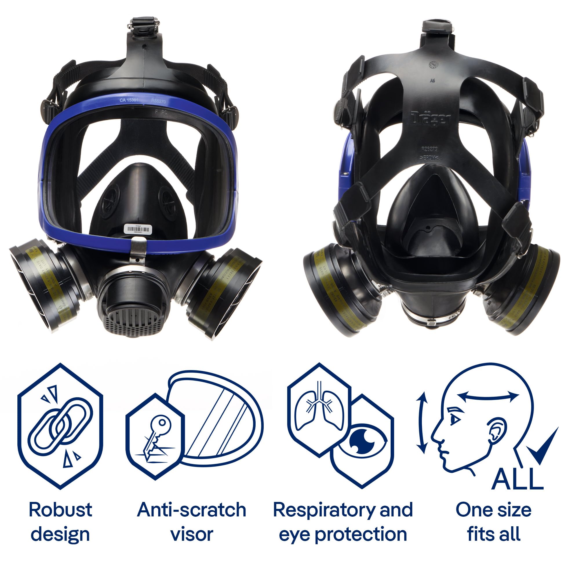 Dräger X-plore 5500 NIOSH Certified Full Face Respirator Mask with 2 Gas Cartridges (OV/AG/HF/FM/CD/AM/MA/HS) - Anti-Fog, 180° Wide Vision for Eye & Respiratory Protection | Ideal for Chemical Handling, Industrial Work & Emergency Response