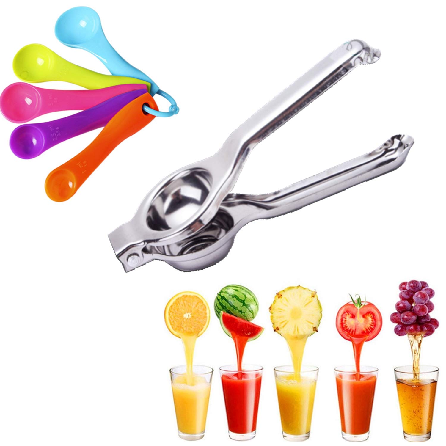 Stainless Steel Manual Lemon Squeezer with 5-Piece Measuring Spoon Set - Handheld Citrus Juicer for Lemon, Lime & Orange - Easy to Clean & Efficient Juicing - Perfect for Cocktails, Baking & Fresh Juice Making