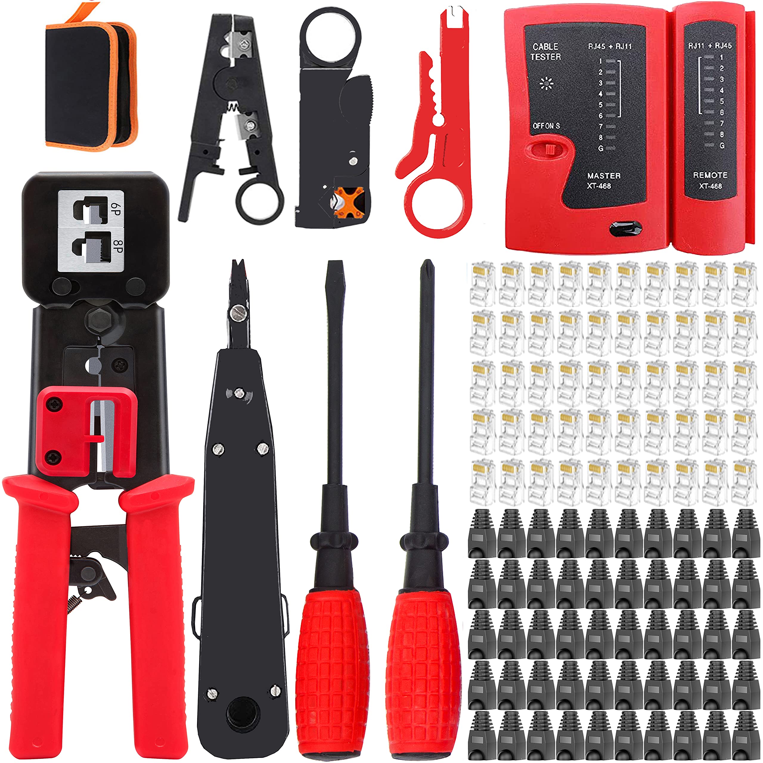 LEATBUY RJ45 Crimper Tool Kit - CAT5/CAT6 Ethernet Cable Crimping Tool with 50PCS Pass Through Connectors & Covers, Wire Stripper, Punch Down Tool for Network Installation - Perfect for Home Office, Server Room, and IT Professionals (Red)