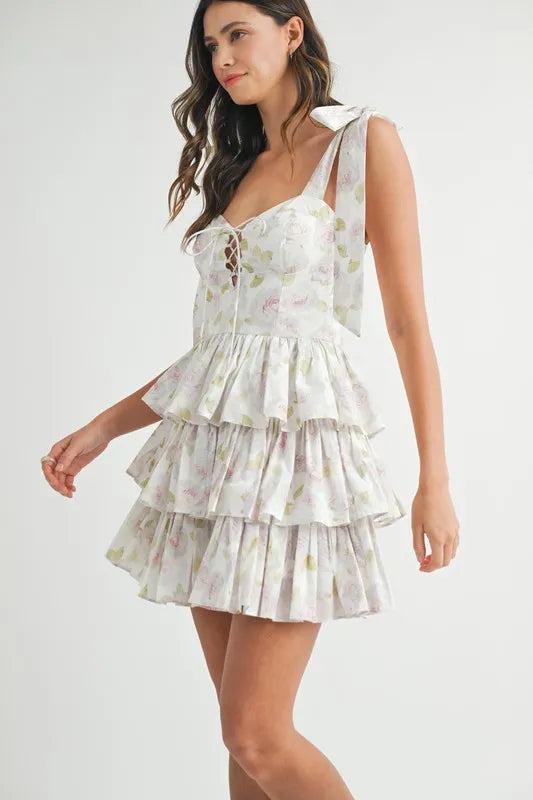 Floral Print Shoulder Tie Layered Mini Dress - Summer Beach Party, Date Night, Vacation Outfit for Women